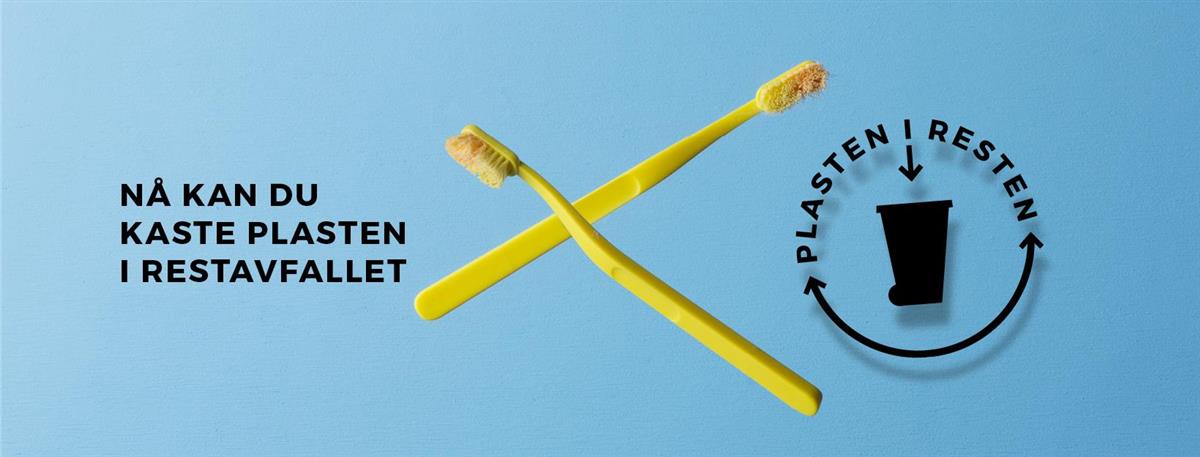 gule tannbørster og teksten "plasten i resten" - Klikk for stort bilde
